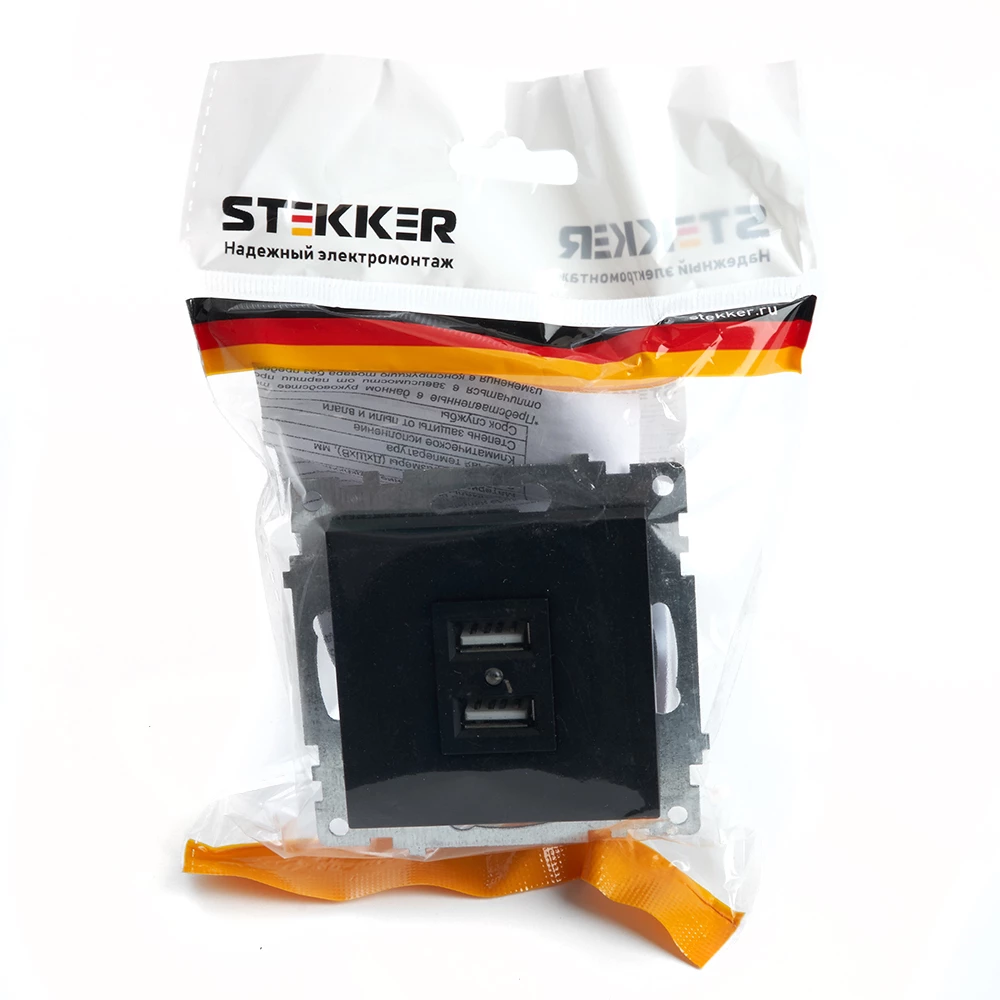 Розетка USB 2-местная (механизм), STEKKER GLS10-7115-05, 250B, 2,1А, серия Катрин, черный (39616) - Viokon.com