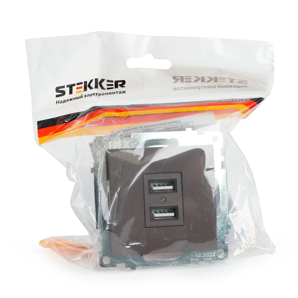 Розетка USB 2-местная (механизм), STEKKER GLS10-7115-04, 250B, 2,1А, серия Катрин, шоколад (49027) - Viokon.com