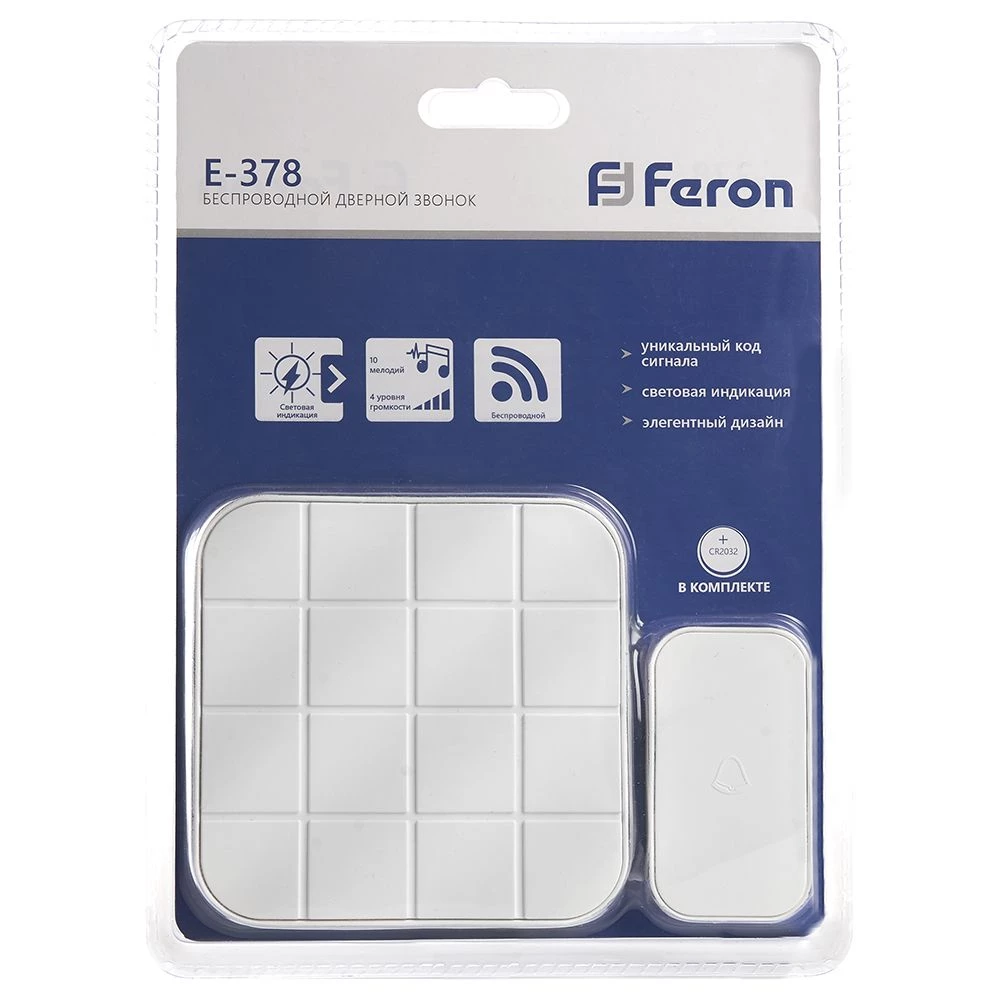 Звонок дверной беспроводной Feron E-378 Электрический 10 мелодий белый с питанием от батареек (41434) - Viokon.com