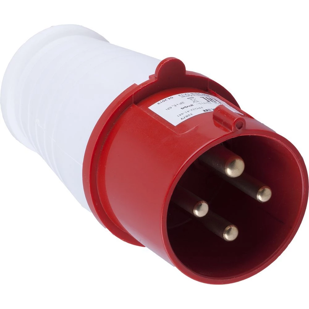 Вилка прямая для силовых кабелей STEKKER, PPG32-41-441, сечением 2,5-6 мм2, 4 PIN, нейлон/латунь 415В, 32A, IP44, красный/белый (32879) - Viokon.com