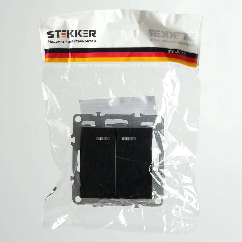 Выключатель 2-клавишный с индикатором (механизм), STEKKER, PSW10-9102-03, 250В, 10А, серия Эрна, черный (49147) - Viokon.com