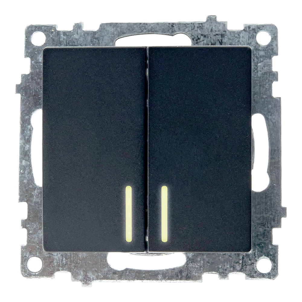 Выключатель 2-клавишный c индикатором (механизм), STEKKER GLS10-7102-05, 250В, 10А, серия Катрин, черный (39607) - Viokon.com