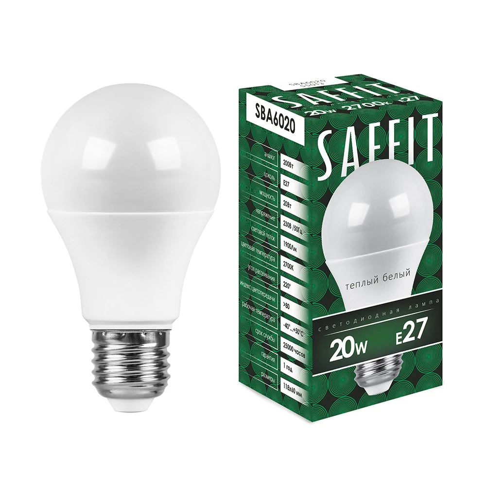 Лампа светодиодная SAFFIT SBA6020 Шар E27 20W 230V 2700K (55013) - Viokon.com