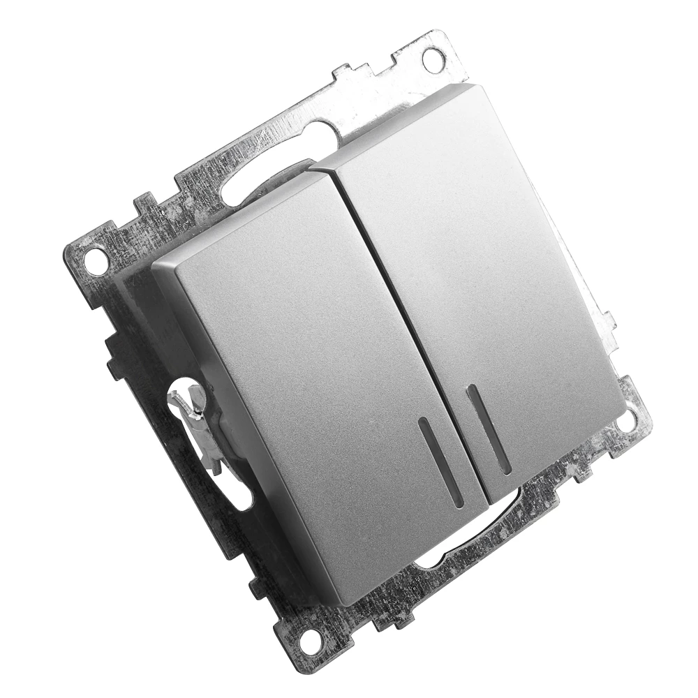 Выключатель 2-клавишный c индикатором (механизм), STEKKER GLS10-7102-03, 250В, 10А, серия Катрин, серебро (39579) - Viokon.com
