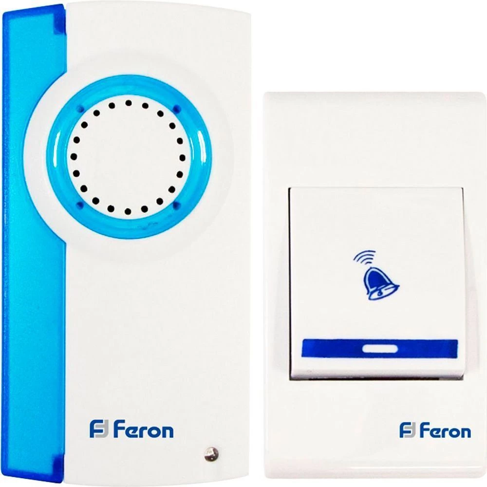 Звонок дверной беспроводной Feron Е-221  Электрический 32 мелодии белый синий с питанием от батареек (23677) - Viokon.com